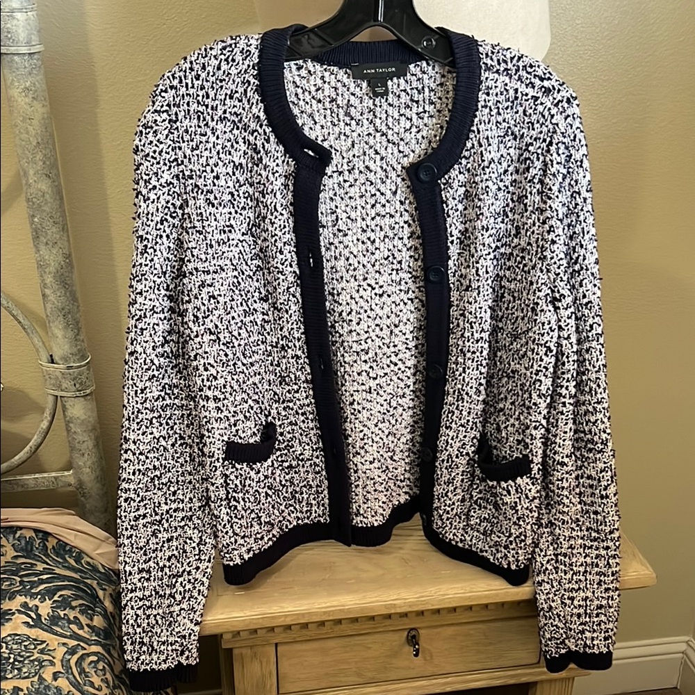 Ann Taylor Navy and White Knit Cardigan